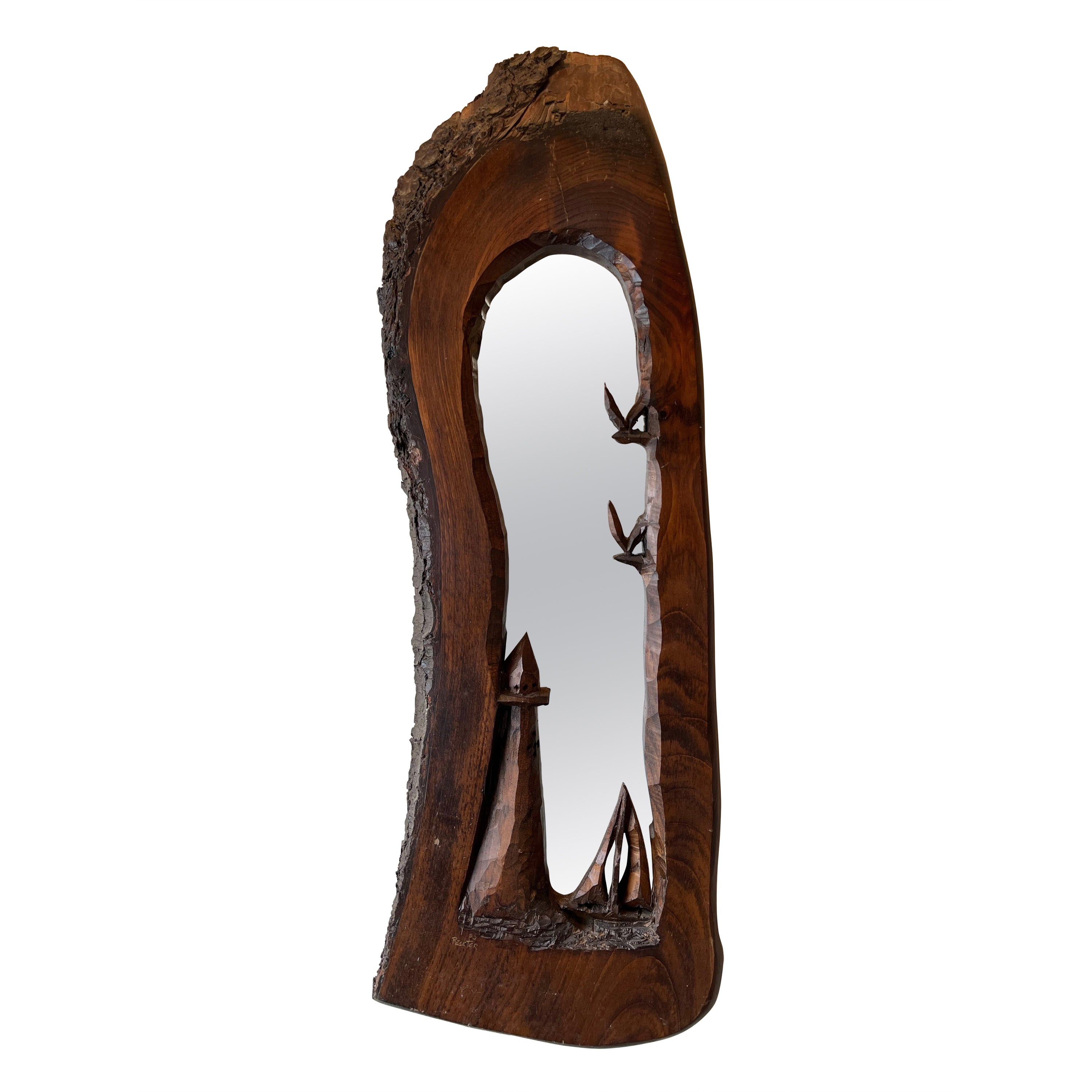 Mid Century Adirondack Folk Art Mirror Live Edge Coastal