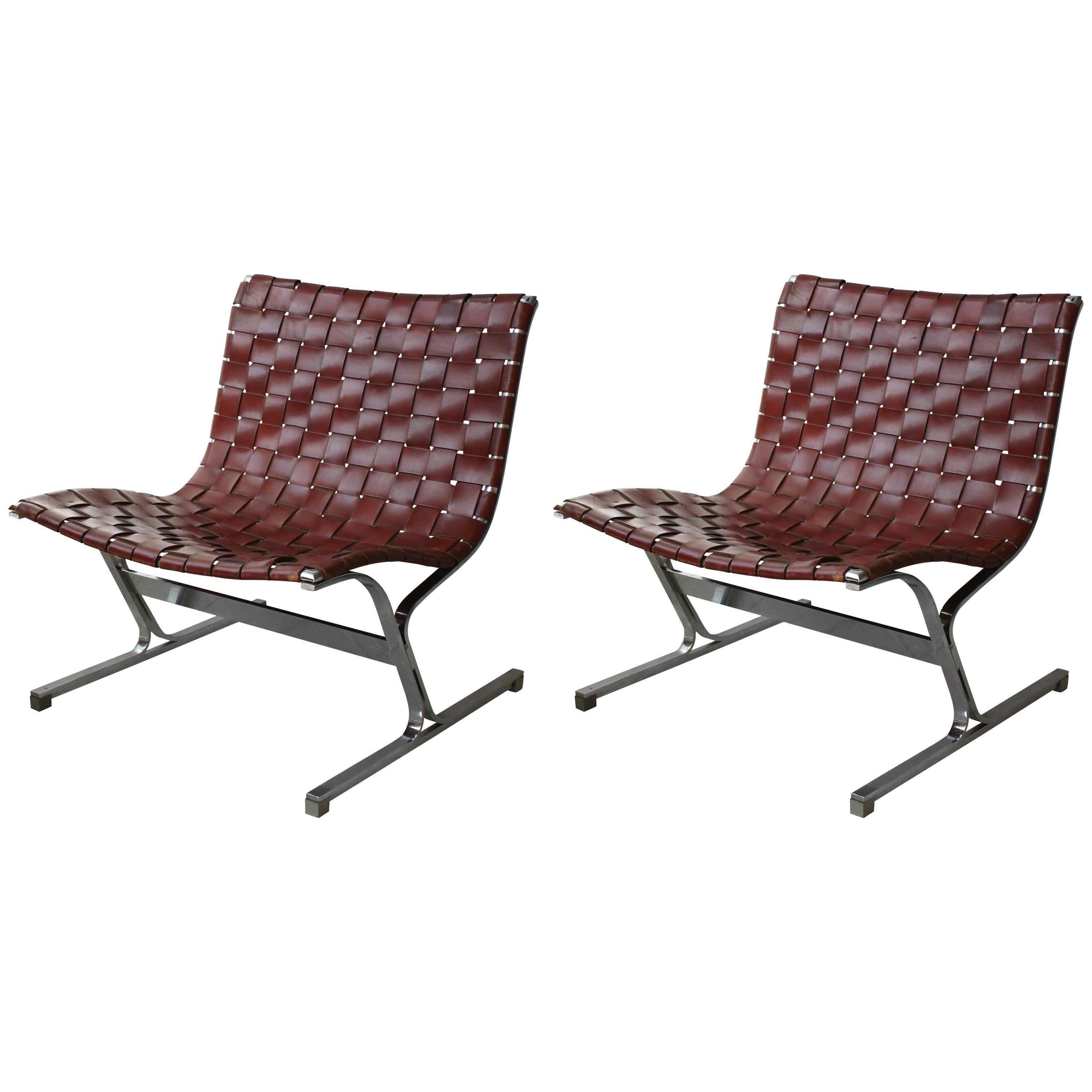 Pair of Ross Littell Leather and Chrome Chairs For Sale