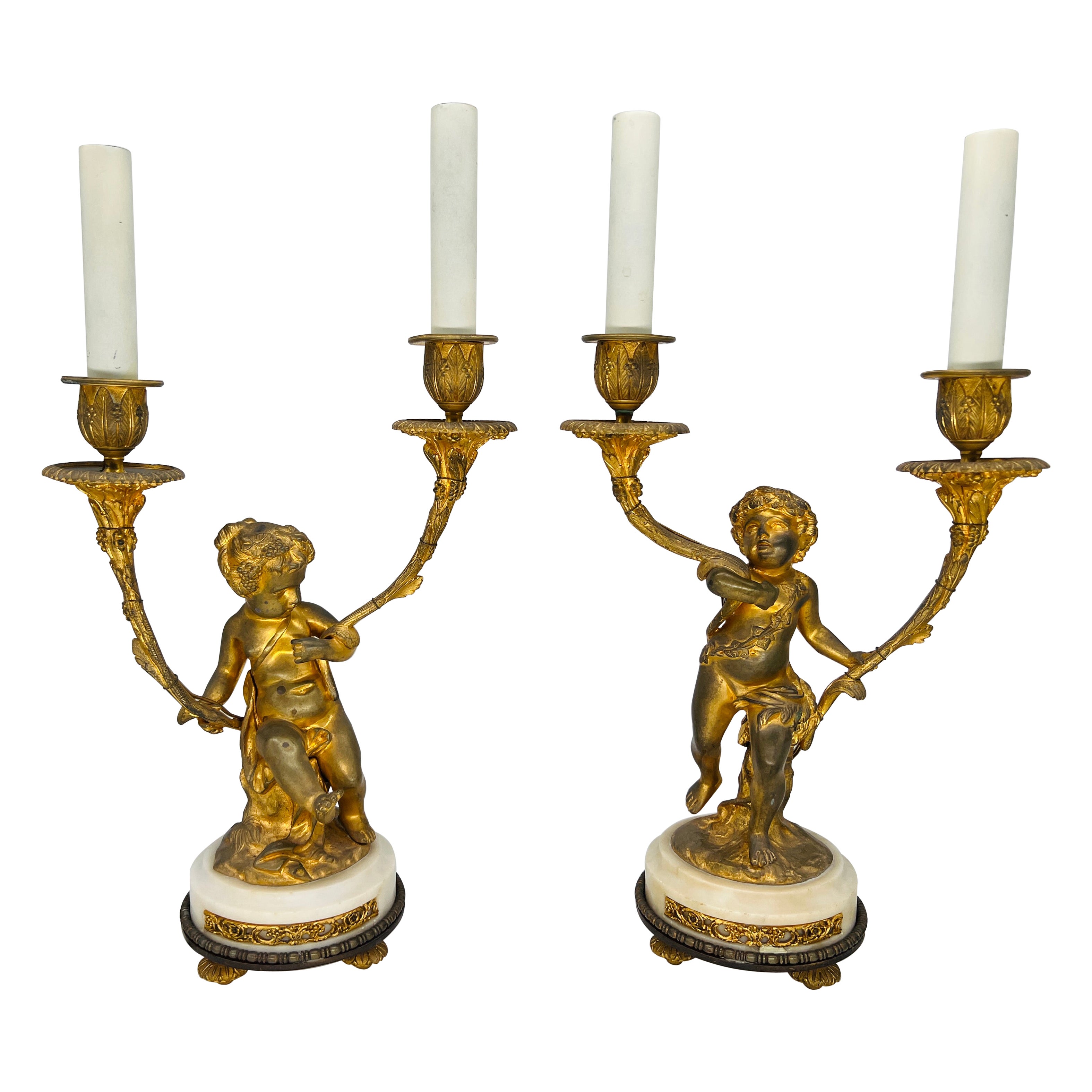 Pair, Gilt Bronze Louis XVI Style 19th Century Putti Candlestick Lamps
