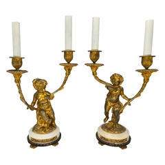 Pair, Gilt Bronze Louis XVI Style 19th Century Putti Candlestick Lamps