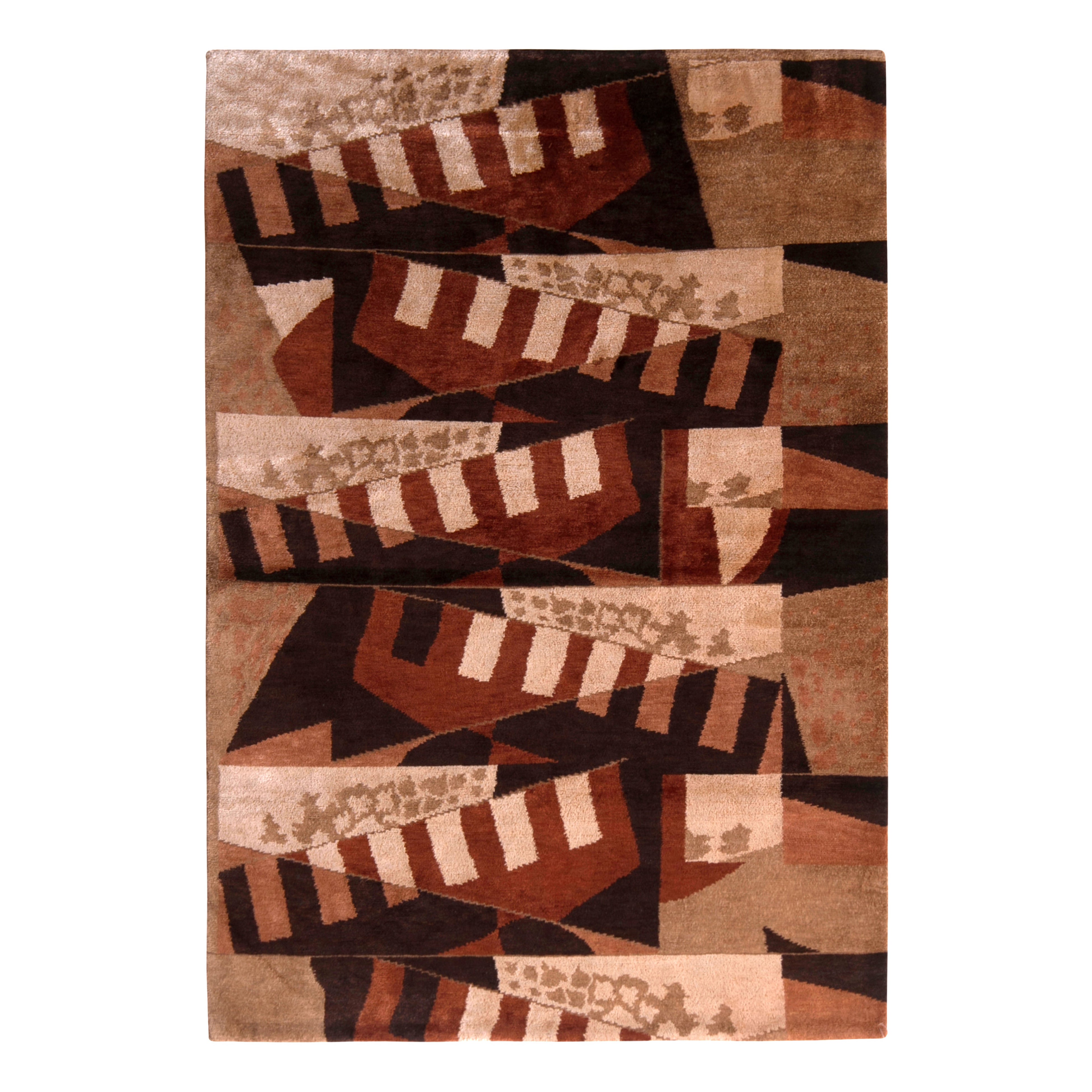 Cubist Rug Beige-Brown Wool and Silk Geometric Pattern by Rug & Kilim