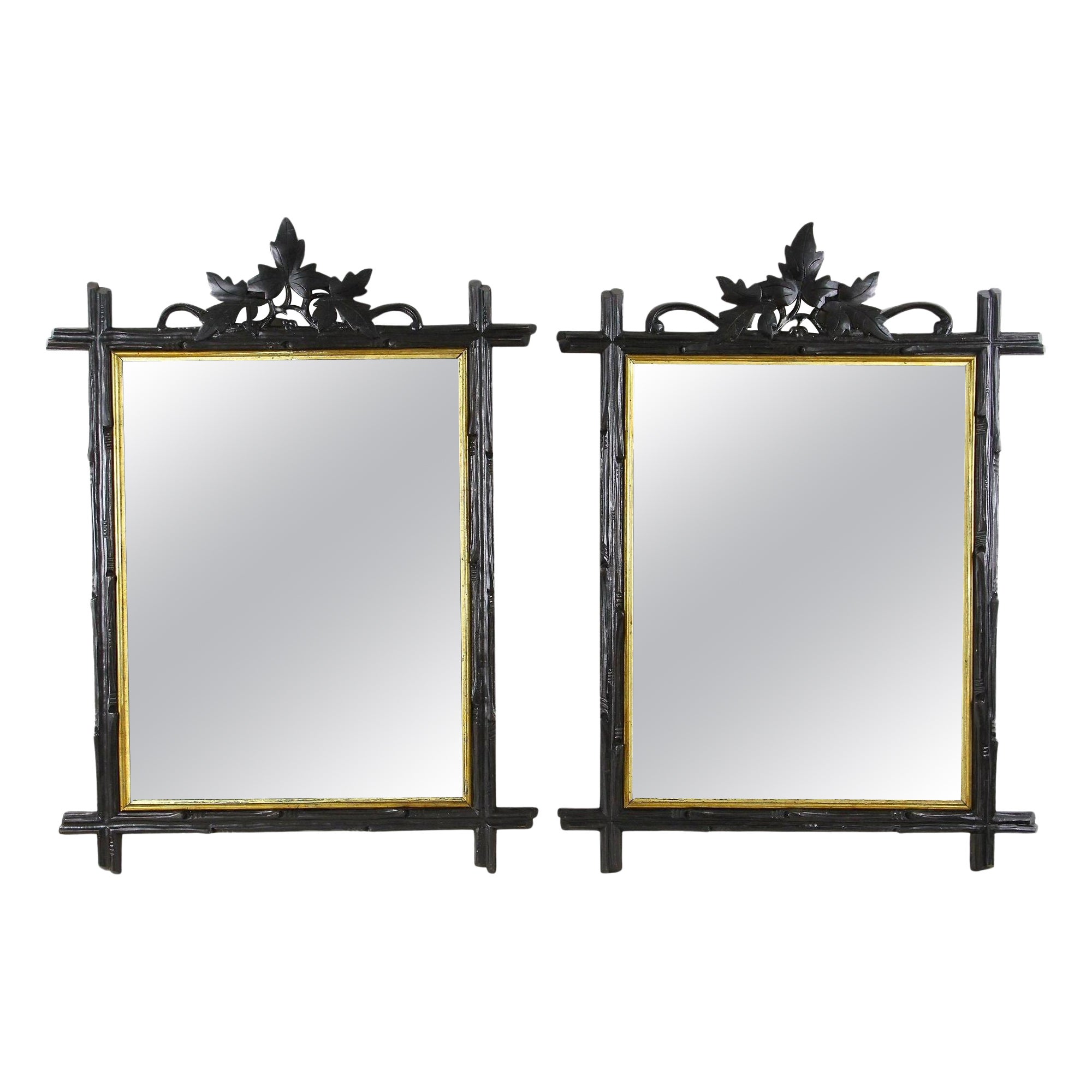 Set di due specchi da parete rustici Black Forest del XIX secolo, barre dorate, AT 1870 ca.