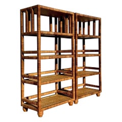 Vintage Coastal Wrapped Rattan Etagere - a Pair