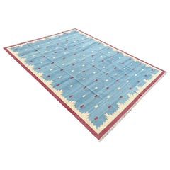 Tapis Dhurrie indien à tissage plat fait à la main, 12 x 15 cm, bleu, rose