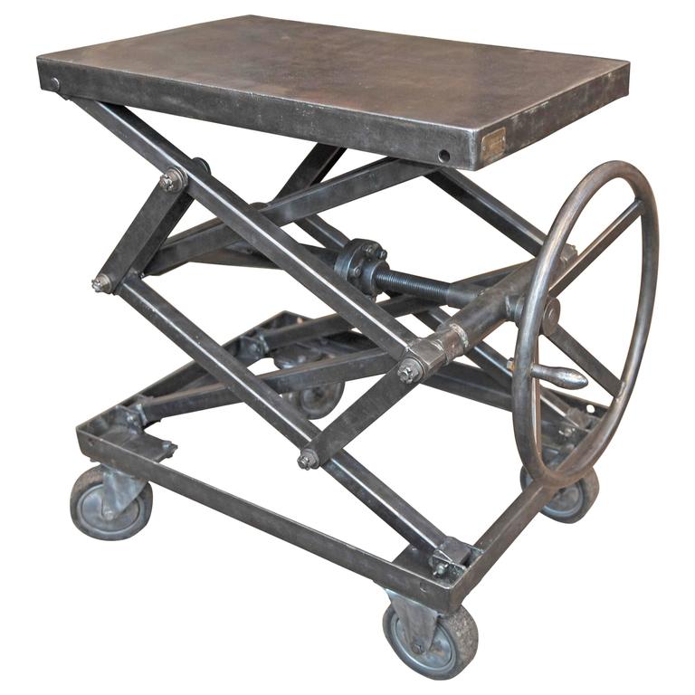 Industrial Iron Adjustable Rising Table on Wheels at 1stDibs
