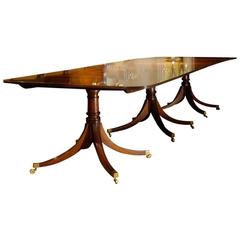 Handmade Three-Pedestal Solid Mahogany Dining Table with Two Leaves