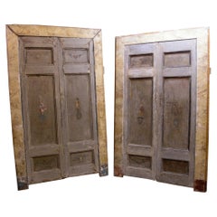 Antique set of 2 doors similar in size, painted figurines and lacquered frame, Italy