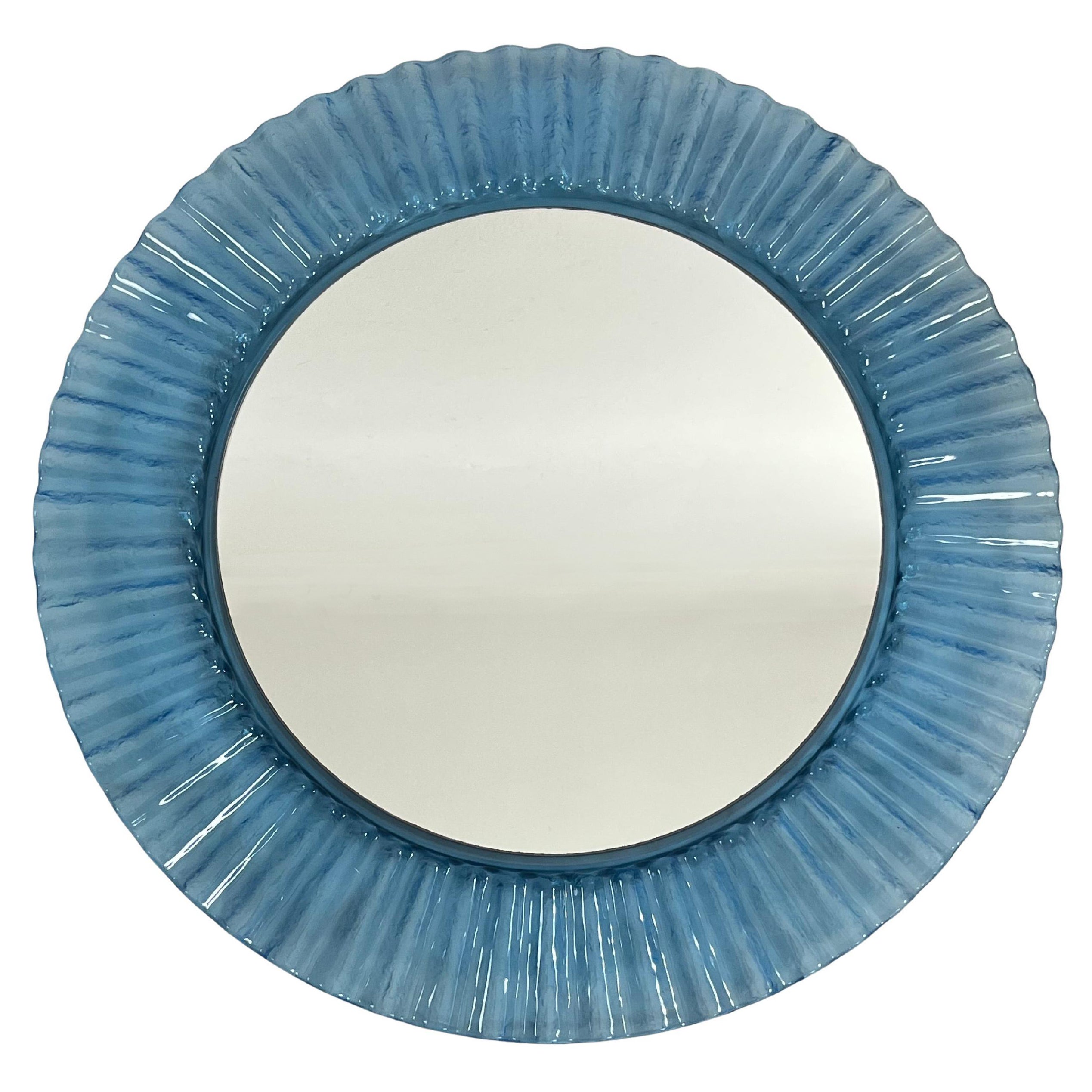 Circular Light Blue Acrylic Wall Mirror 1970s, Old Warehouse Stock For Sale