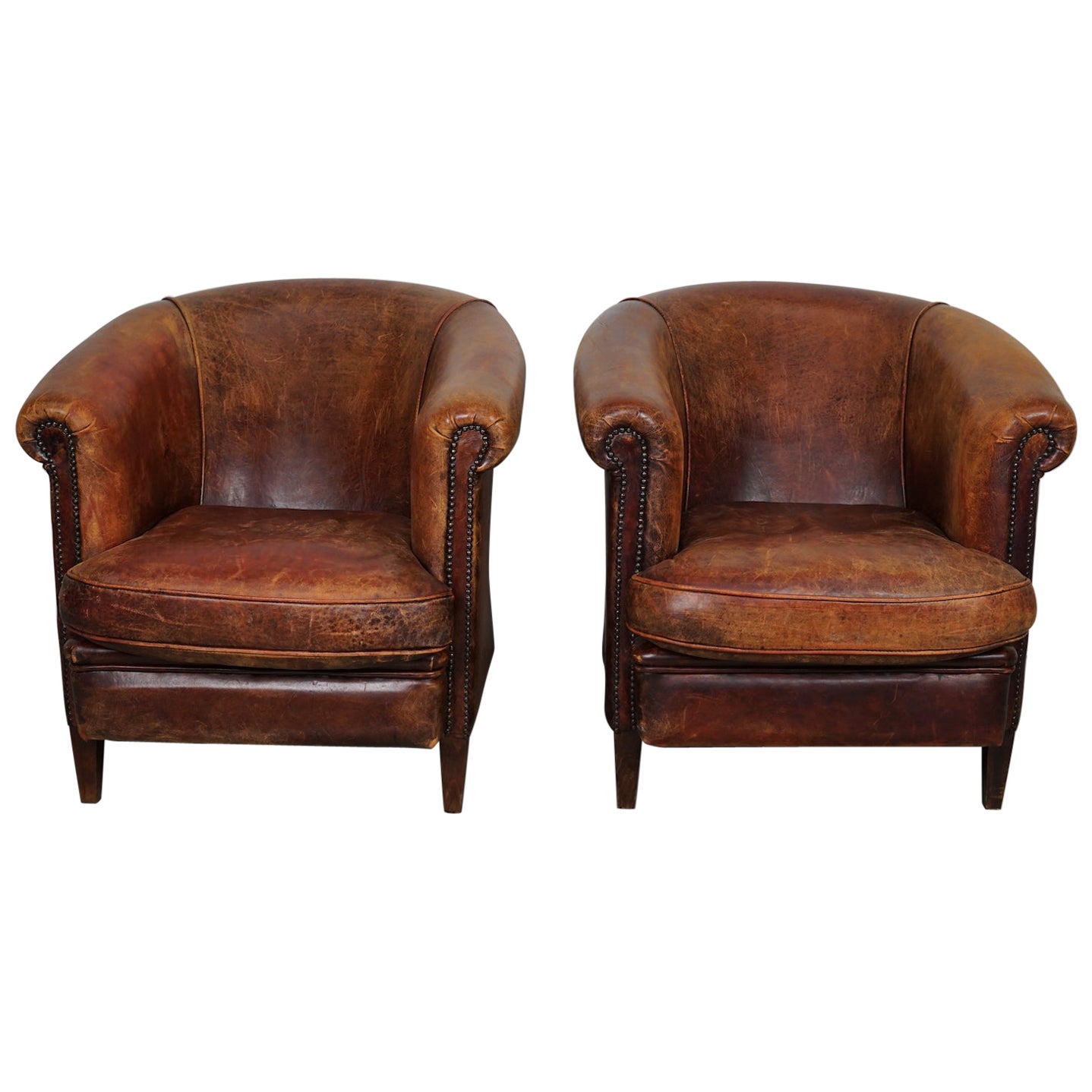 Vintage Dutch Cognac Colored Leather Club Chair, Set of 2