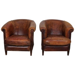 Vintage Dutch Cognac Colored Leather Club Chair, Set of 2