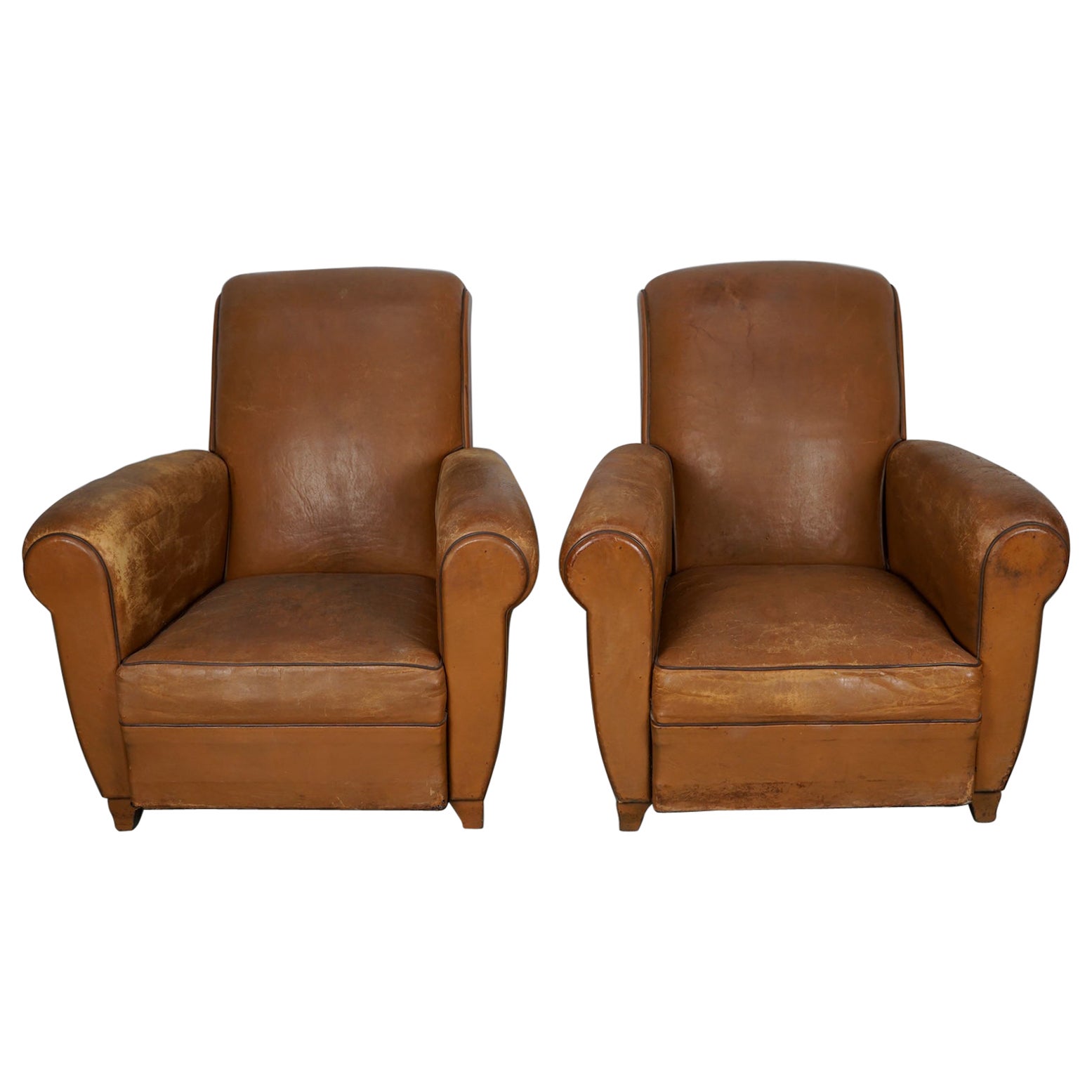 Pair of French Cognac Vintage Leather Club Chairs, 1950s