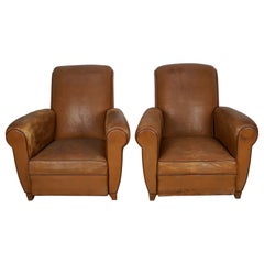 Pair of French Cognac Vintage Leather Club Chairs, 1950s
