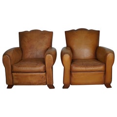 Pair of French Cognac Moustache Back Leather Club Chairs, 1950s