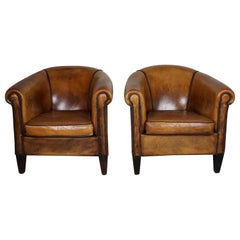 holländischer Cognacfarbener Clubsessel aus Leder, 2er-Set