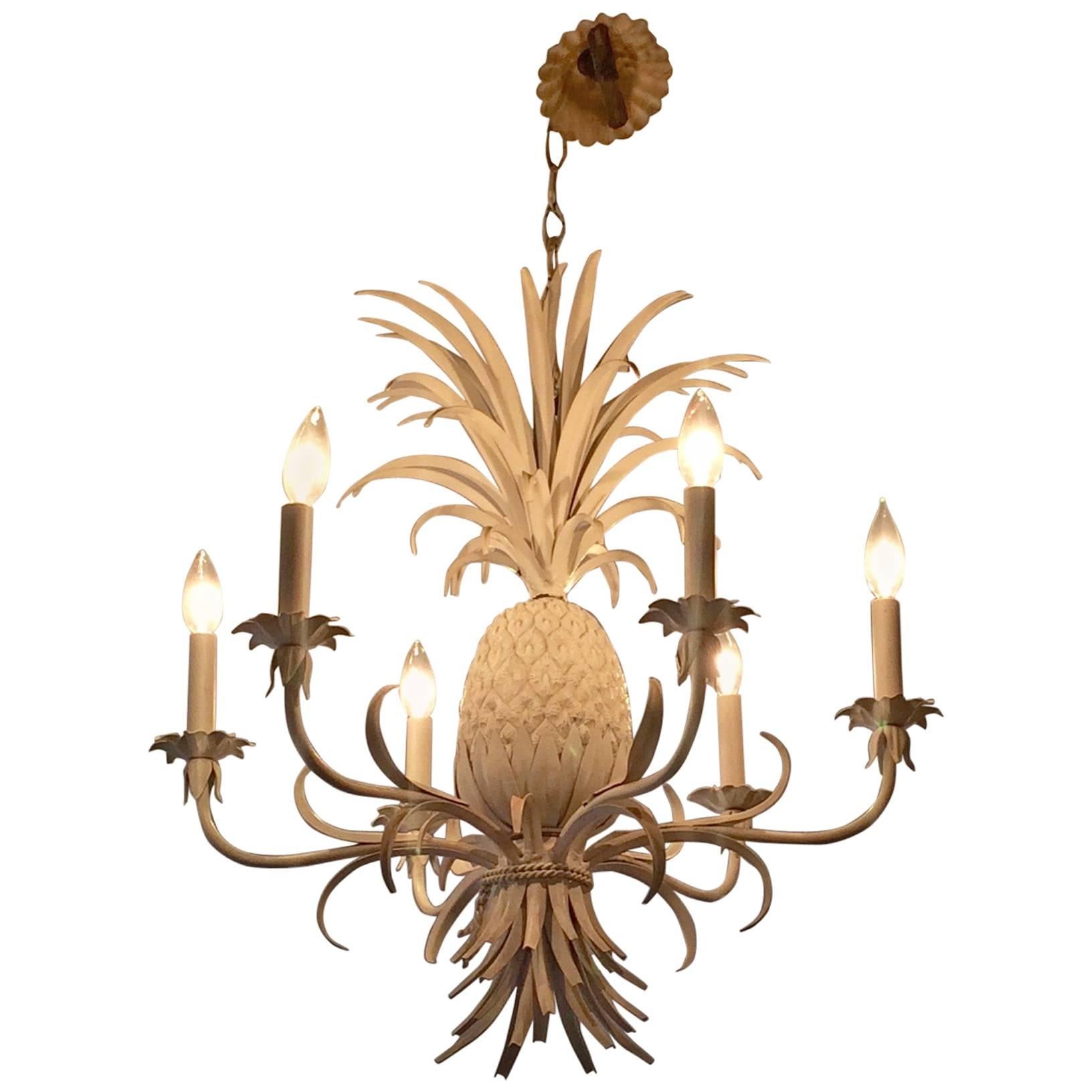 Glamorous White Painted Tole and Iron Pineapple Chandelier