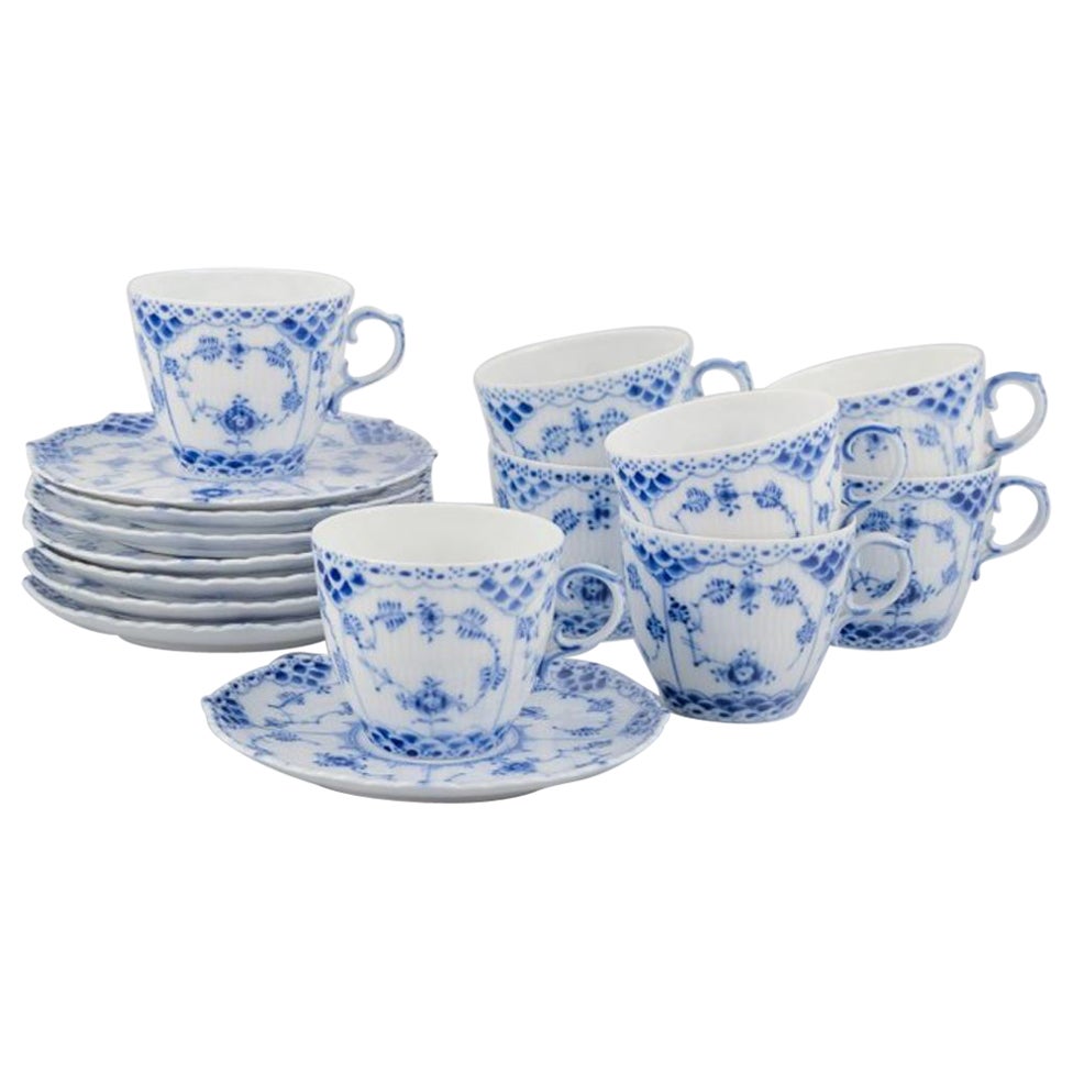 Royal Copenhagen Blue Fluted Full Lace. Eight pairs of coffee cups with saucers