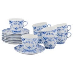 Royal Copenhagen Blue Fluted Full Lace. Eight pairs of coffee cups with saucers