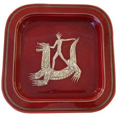 Wilhelm Kage Red & Silver "Argenta" Plate, Gustavsberg Studio, Sweden, 1950s