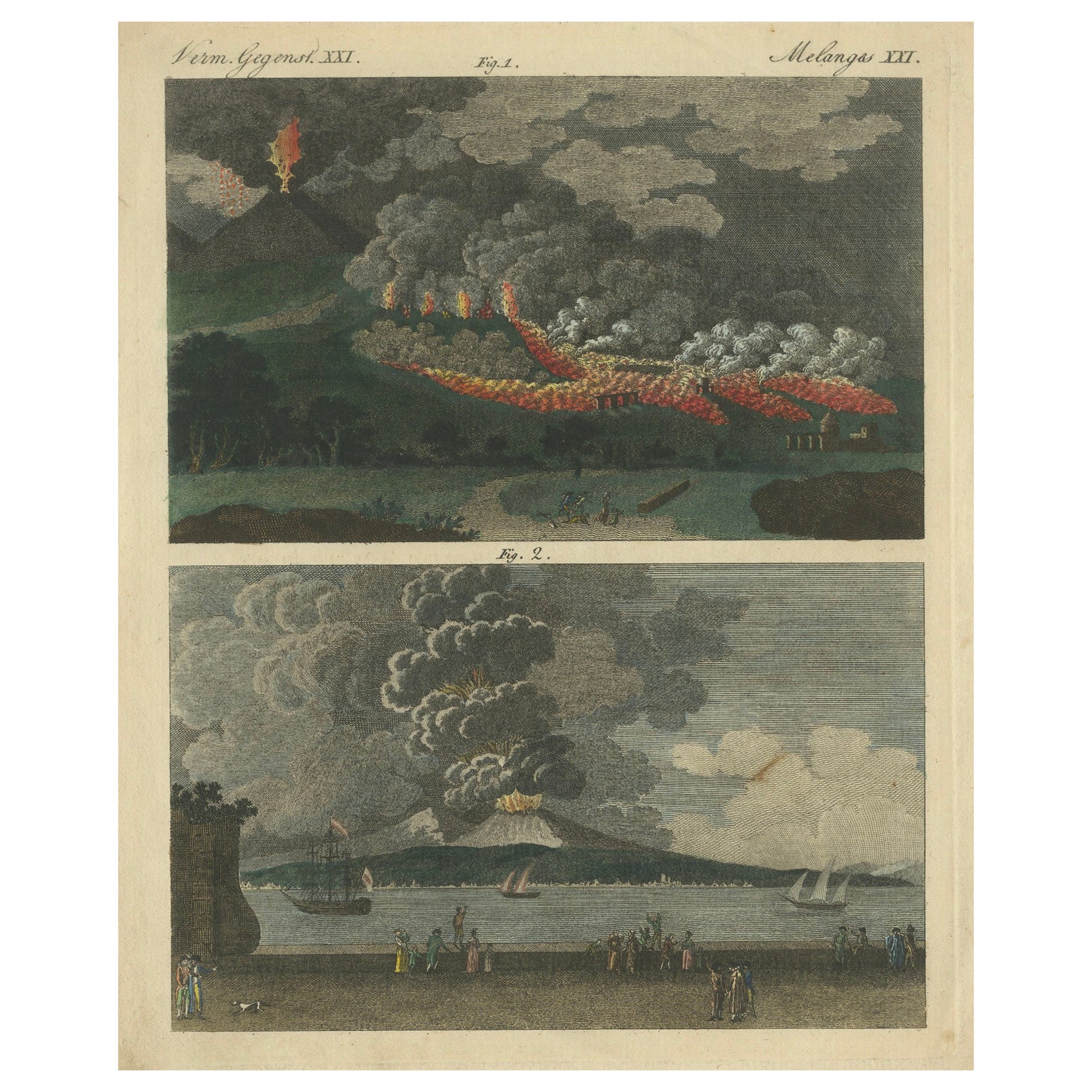 1798 Engraving of Mt. Vesuvius Eruptions - Lava in 1760, Ashes in 1794