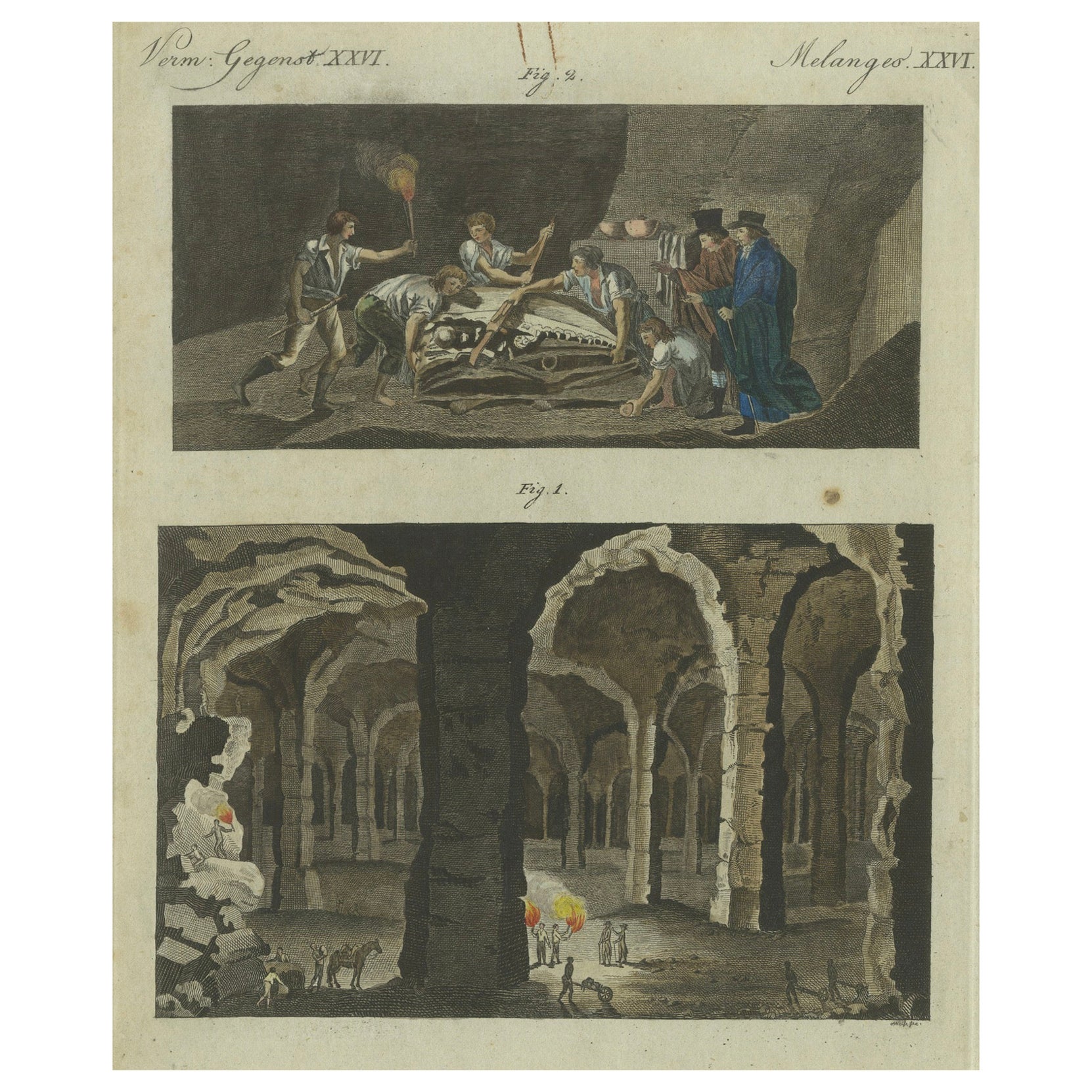 Grabado coloreado a mano de 1798 - Cuevas del monte San Pedro y descubrimiento del mosasaurio
