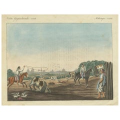Antique 1823 Old-Coloured Engraving - Gauchos Lassoing Cattle in Buenos Aires, Argentina