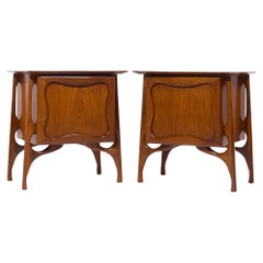Mid Century Sculptural Walnut Nightstands - Pair