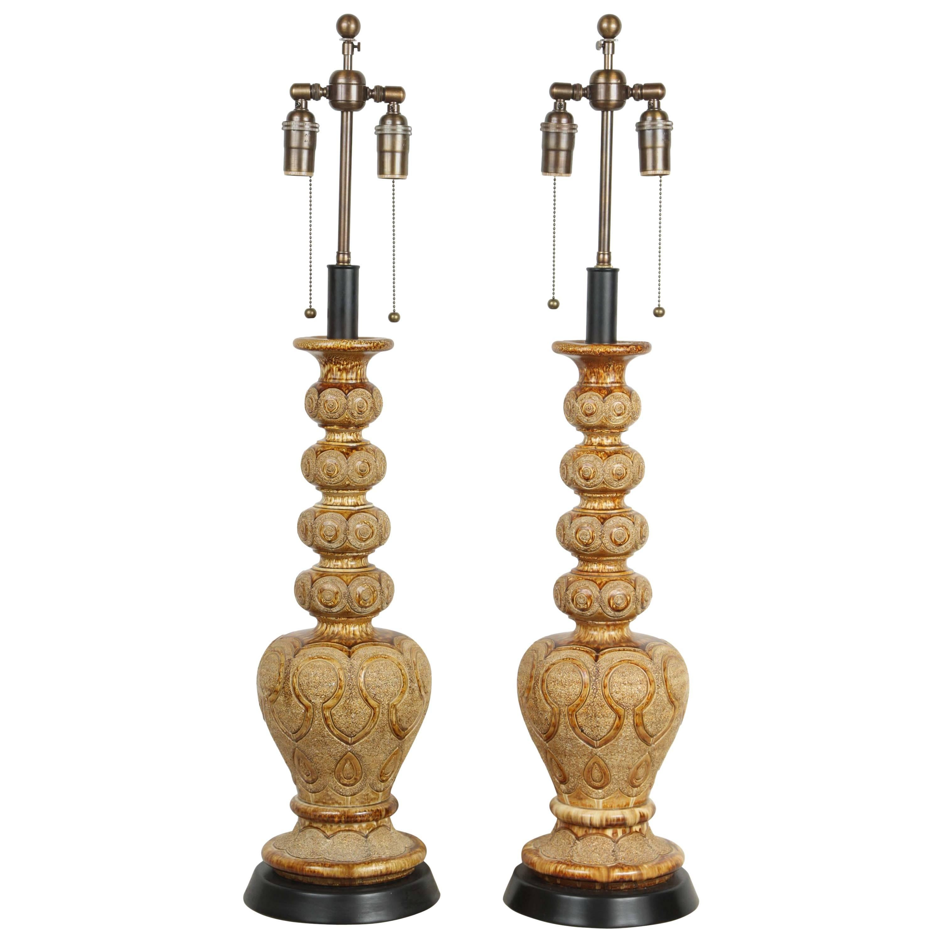 Pair of Exotic Ceramic Table Lamps with an Umber Glaze For Sale