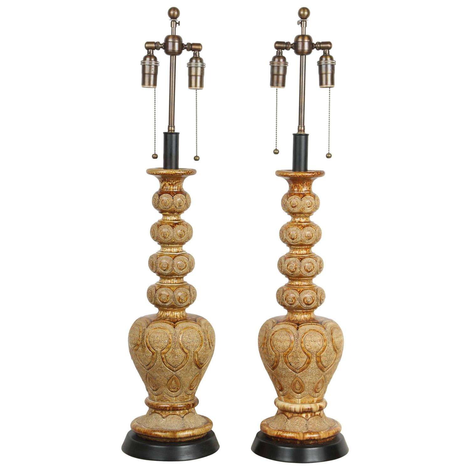 Pair of Exotic Ceramic Table Lamps with an Umber Glaze For Sale at 1stdibs