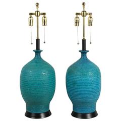 Pair of Ceramic Lamps with a Beautiful Deep Turquoise Glaze