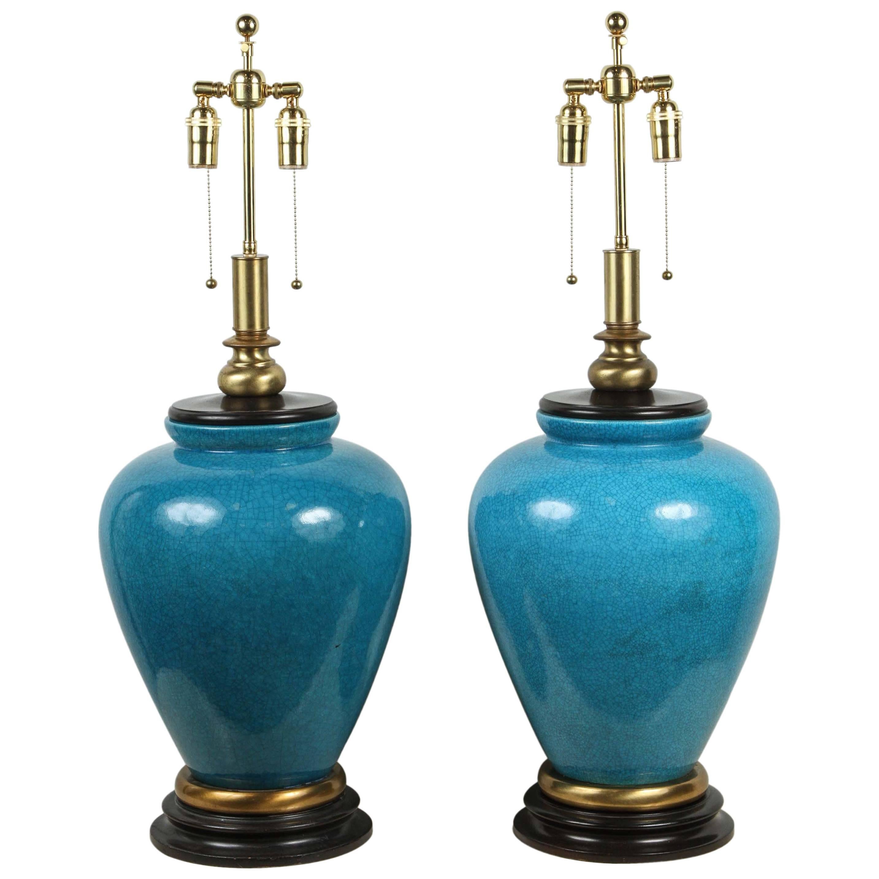 Pair of Large Ceramic Table Lamps with a Gorgeous Cerulean Glaze