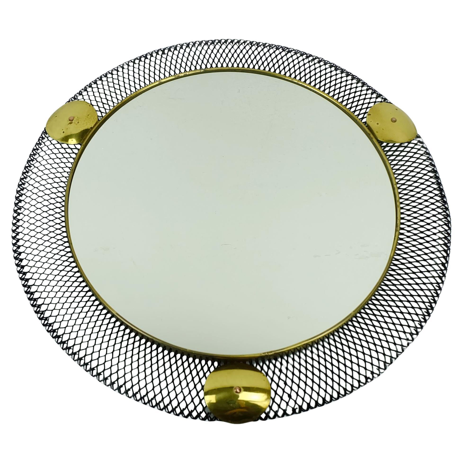 french 1950's mid century WALL MIRROR with wire mesh frame and brass