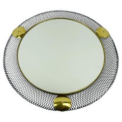 french 1950's mid century WALL MIRROR with wire mesh frame and brass