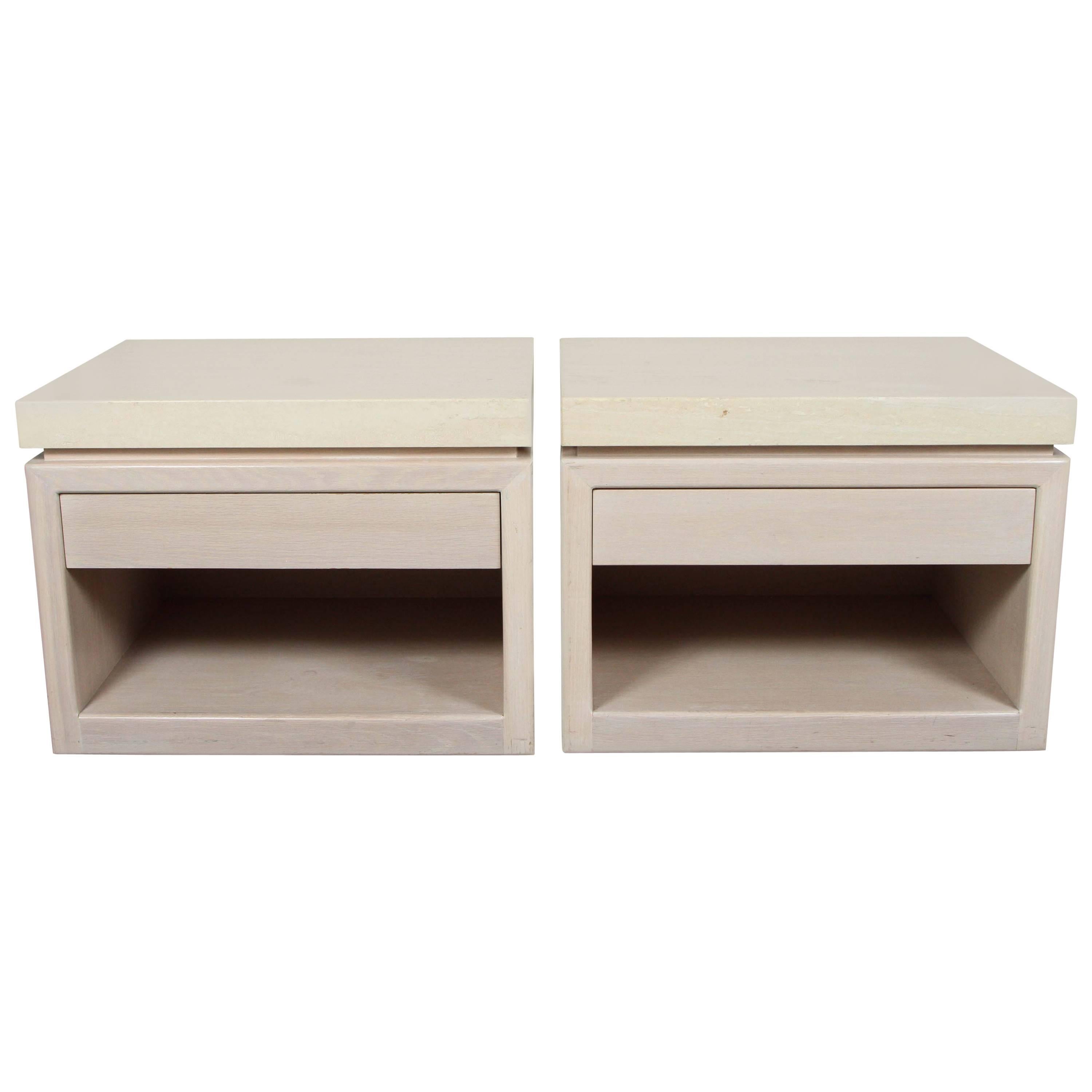 Pair of End Tables with Polished Travertine Tops