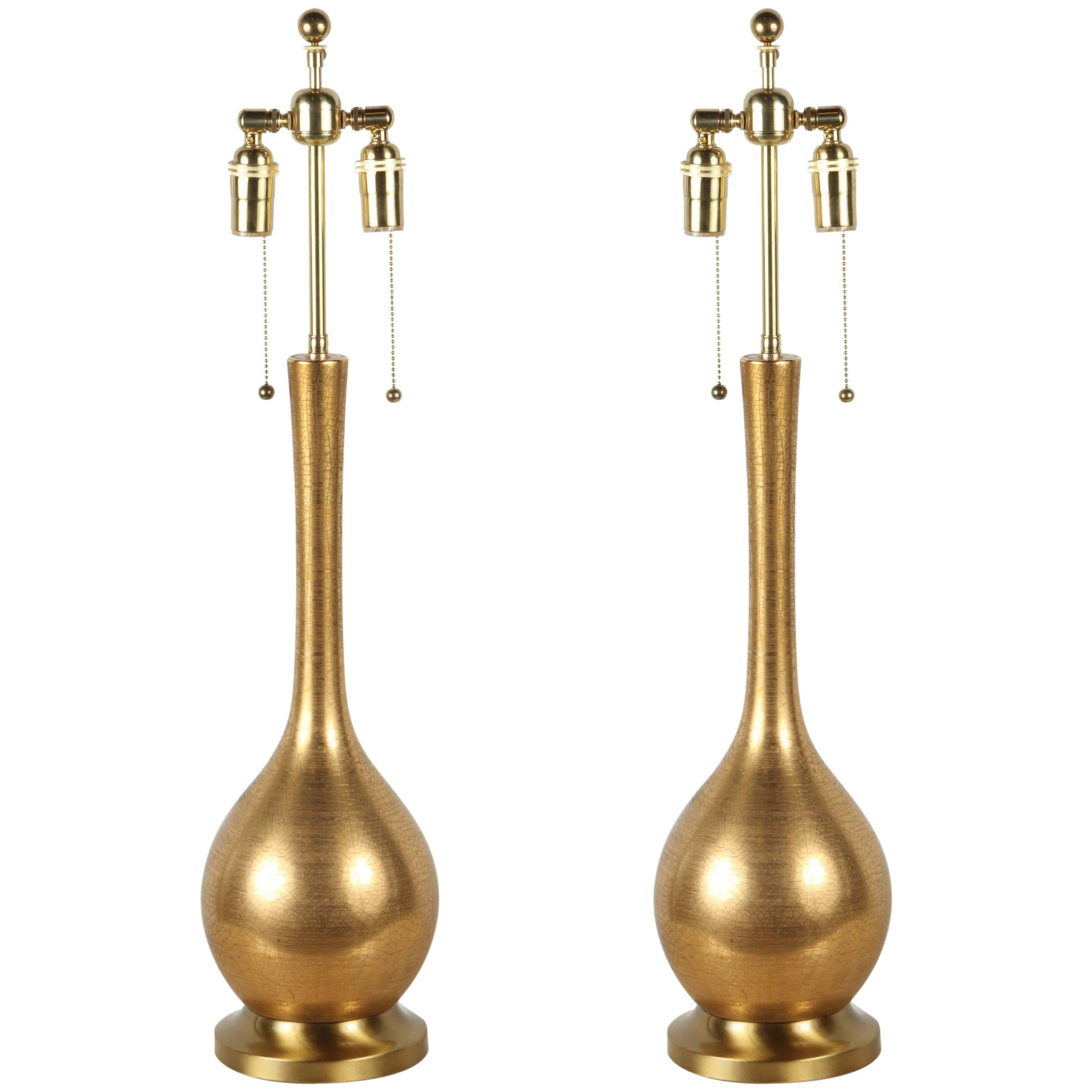 Gorgeous Pair of Gold Crackle Glaze Ceramic Lamps