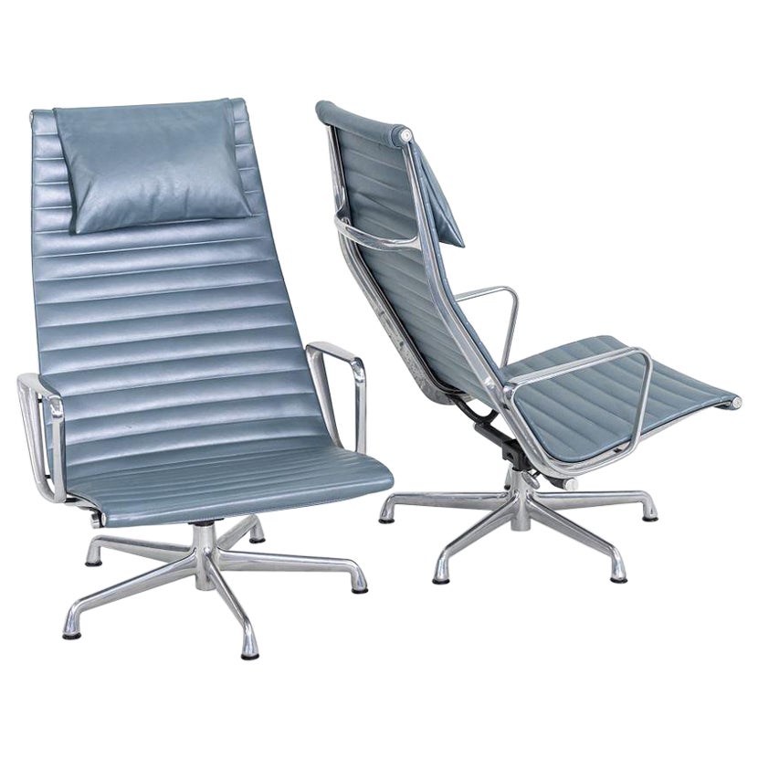 2005 Herman Miller Eames Aluminum Group Reclining Lounge Chairs in Blue Leather