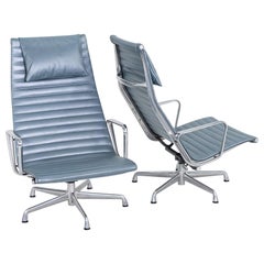 2005 Herman Miller Eames Aluminum Group Reclining Lounge Chairs in Blue Leather
