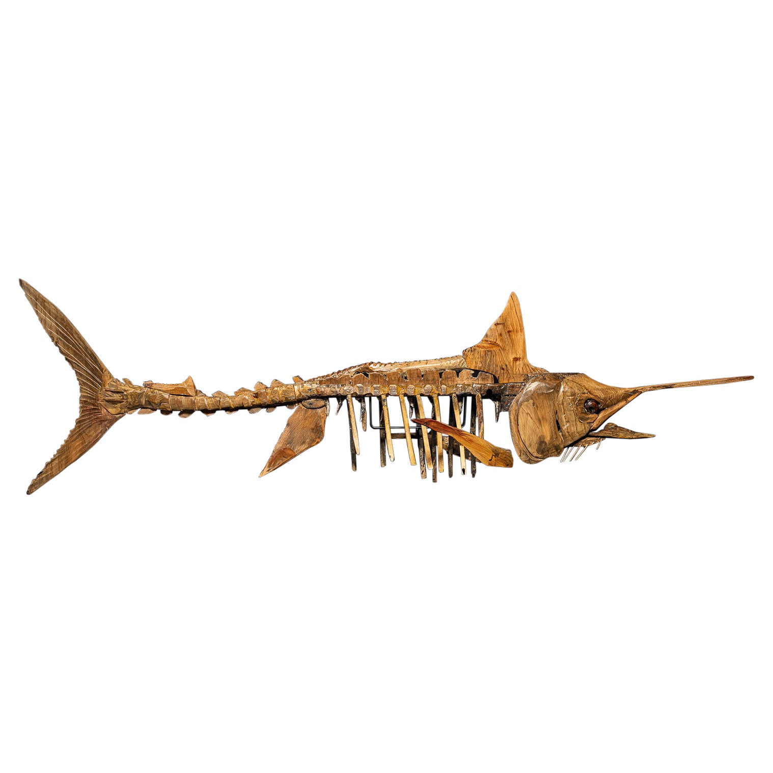 A large handmade wooden sculpture, study of a Marlin, in skeletal form.