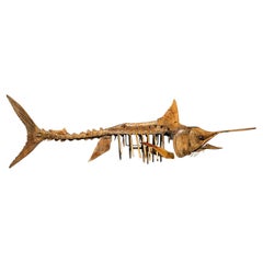 A large handmade wooden sculpture, study of a Marlin, in skeletal form.