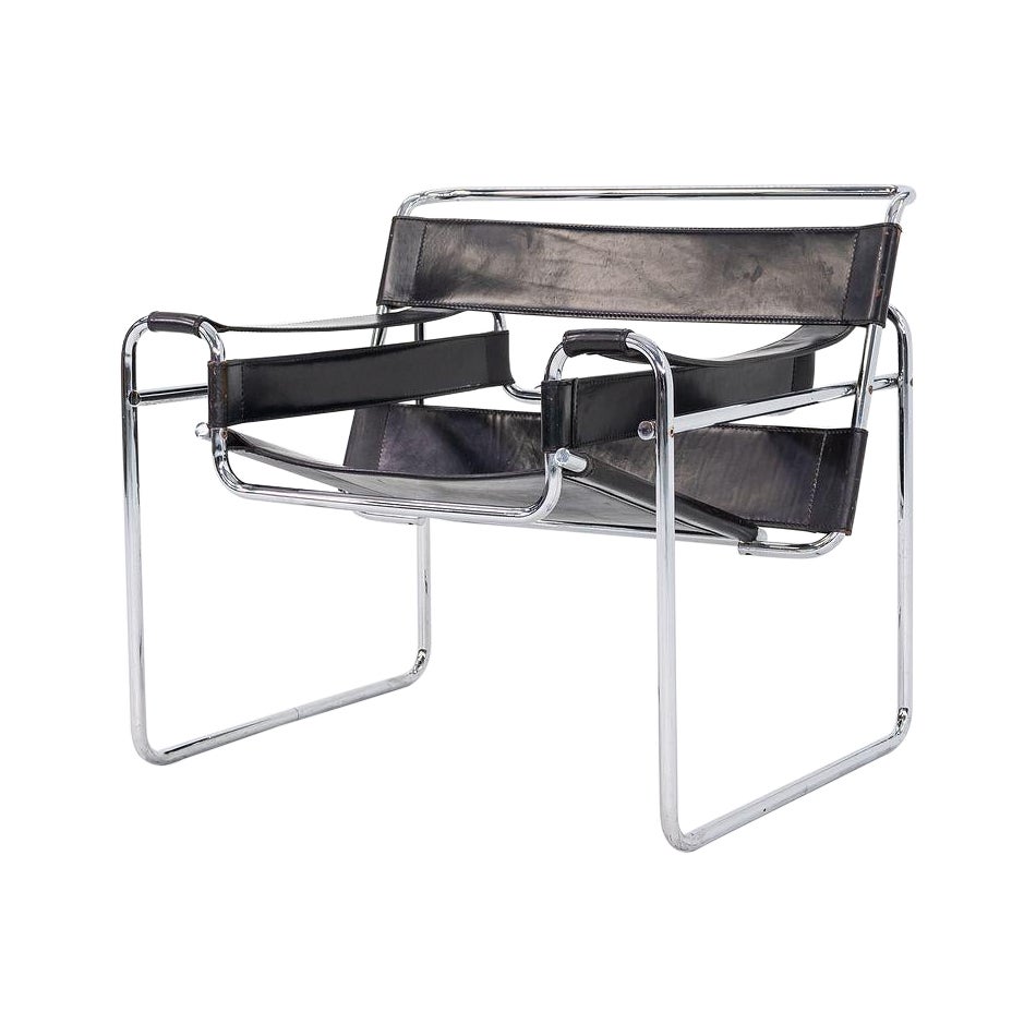 1960s Marcel Breuer for Gavina / Knoll Wassily B3 Lounge Chair in Black Leather