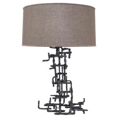 1960s Marcello Fantoni Patinated Steel Table Lamp with Grey Drum Shade
