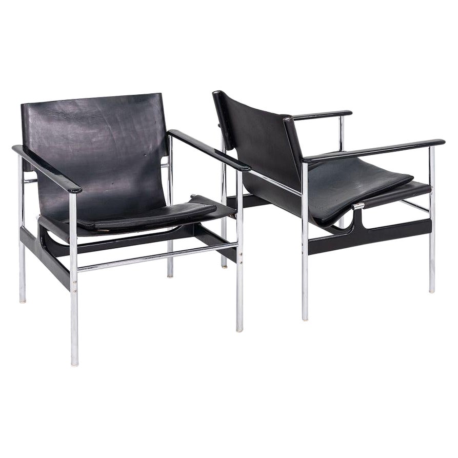 1960s Pair of Charles Pollock for Knoll Sling Arm Lounge Chairs Leather & Chrome