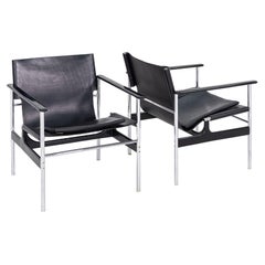 1960s Pair of Charles Pollock for Knoll Sling Arm Lounge Chairs Leather & Chrome