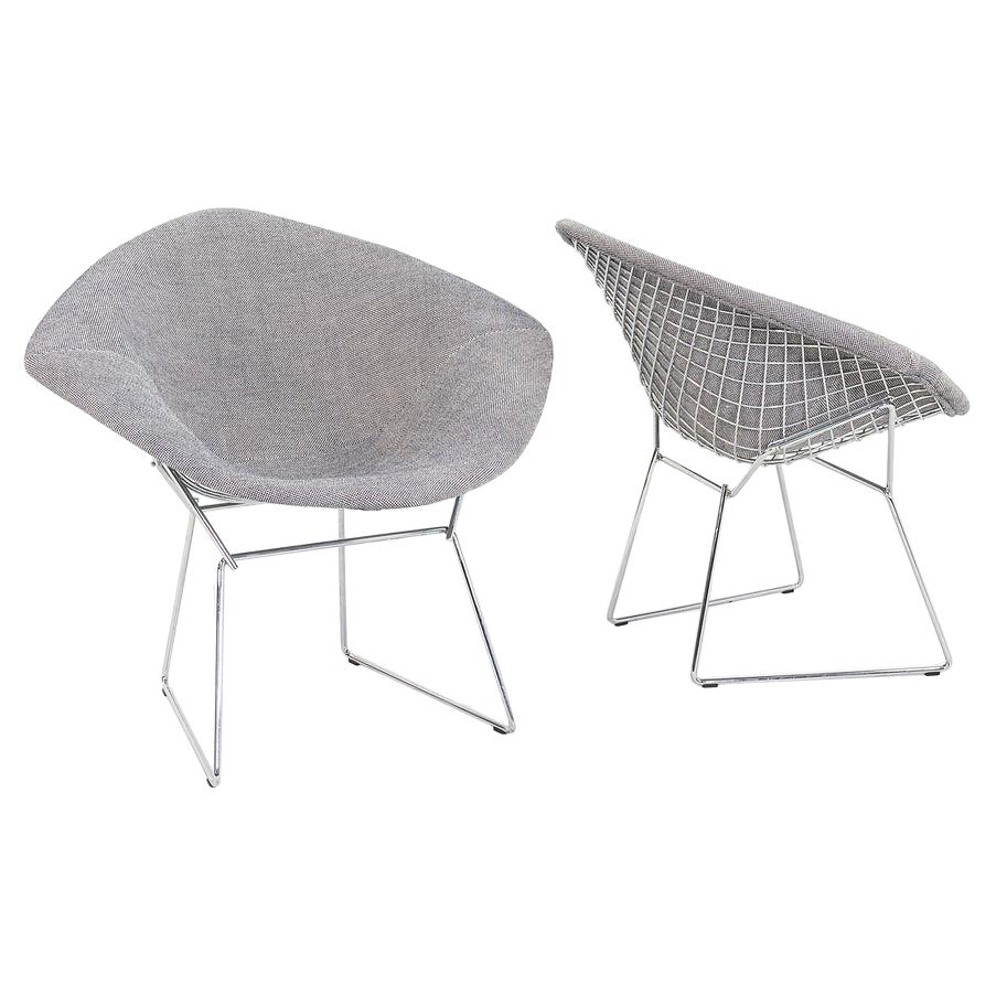 2010s Harry Bertoia for Knoll Small Diamond Lounge Chairs Grey Fabric & Chrome