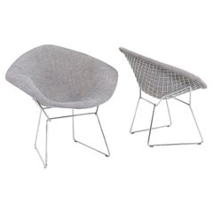 2010s Harry Bertoia for Knoll Small Diamond Lounge Chairs Grey Fabric & Chrome