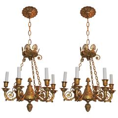 Wonderful Pair of French Empire Doré Bronze Neoclassical Chandeliers Fixtures