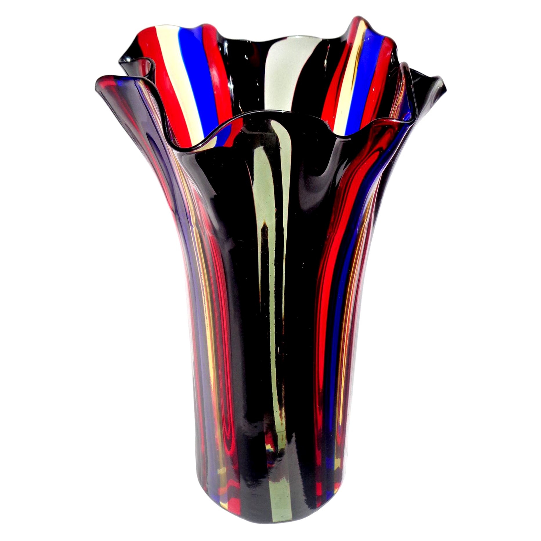Murano Oggetti Red Blue Yellow Black Gray Italian Art Glass Fazzoletto Vase