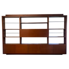 1970s Pared Flotante Mueble Vitrina Madera Cristal Estantería Bar Mediados de Siglo