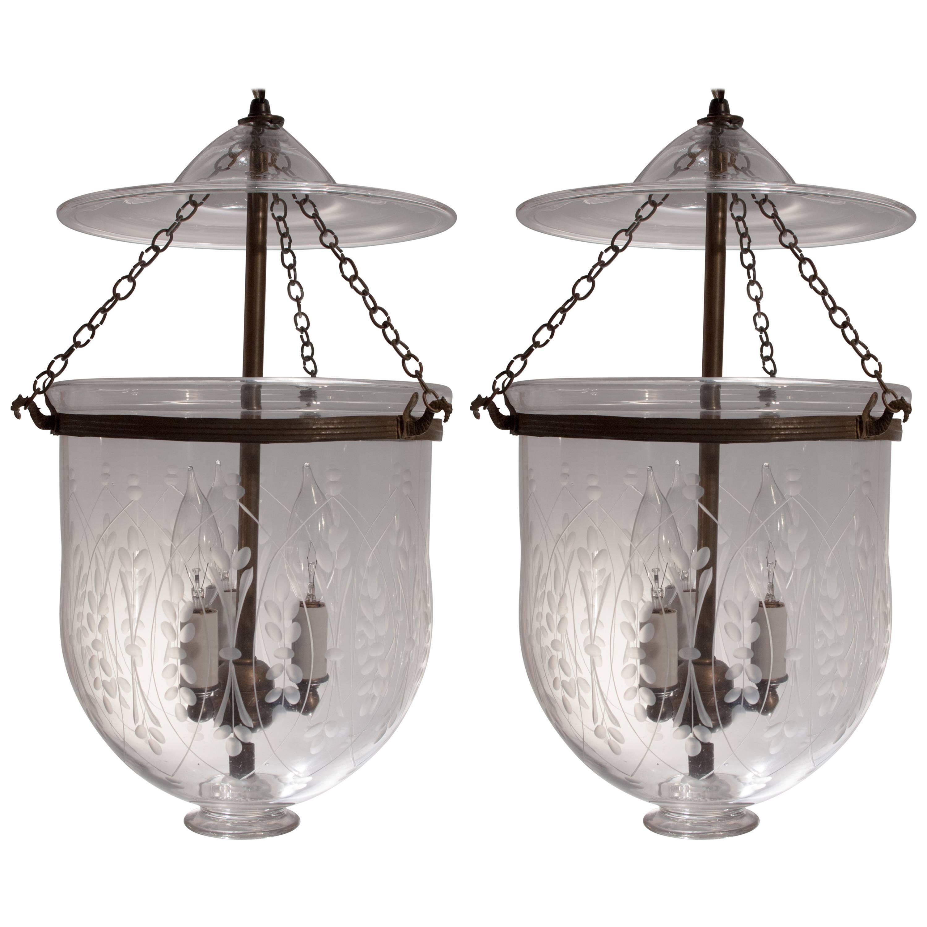 Pair of Bell Jar Lanterns with "Wheat" Etching