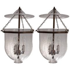 Antique Pair of Bell Jar Lanterns with "Wheat" Etching