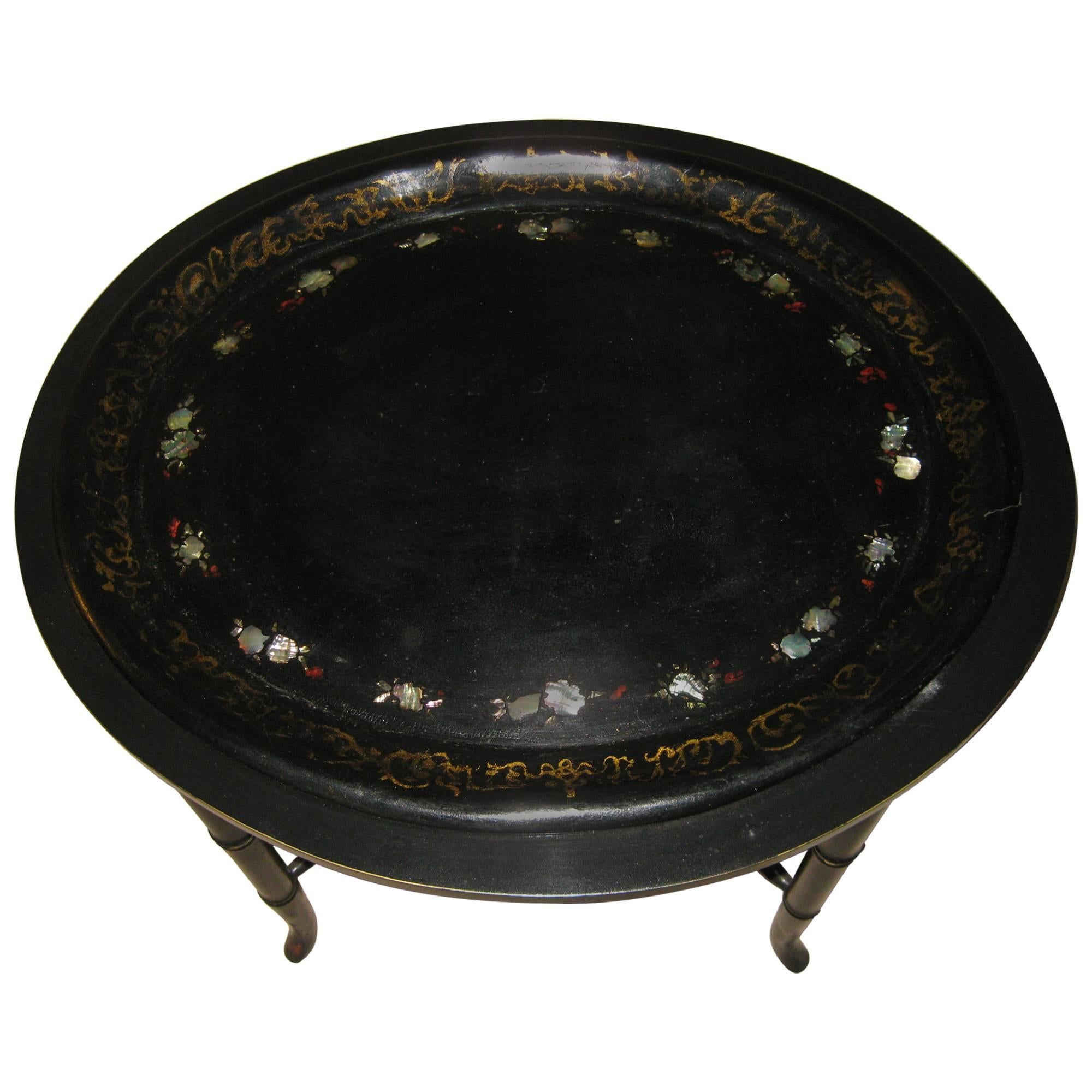 19th century English Black Lacquer and Gilt  Papier-Mache Tray on Stand For Sale